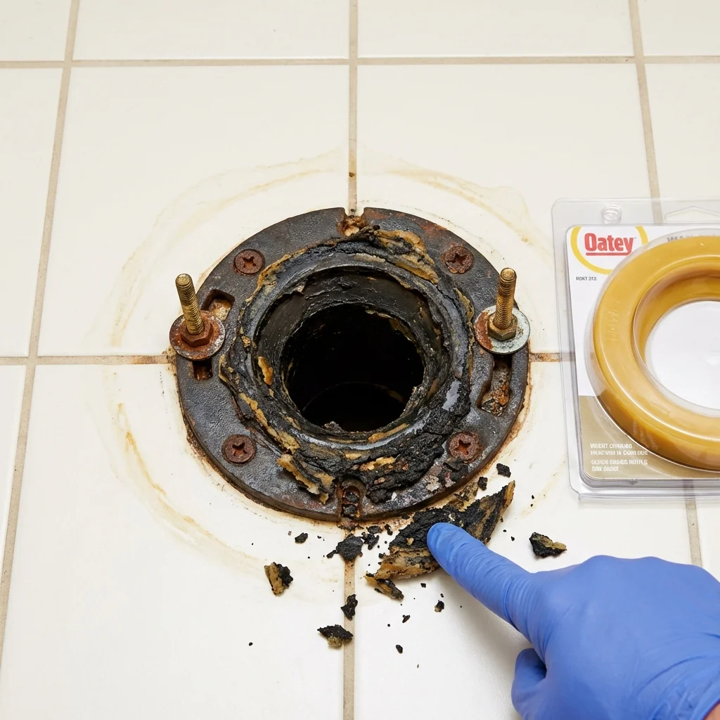 Failed wax ring showing water seepage at the base of a toilet in a Macon, IL home