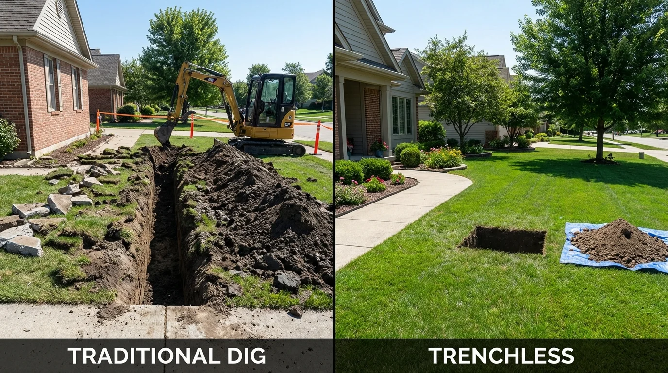 Trenchless sewer repair with minimal yard damage versus traditional excavation in Macon, IL