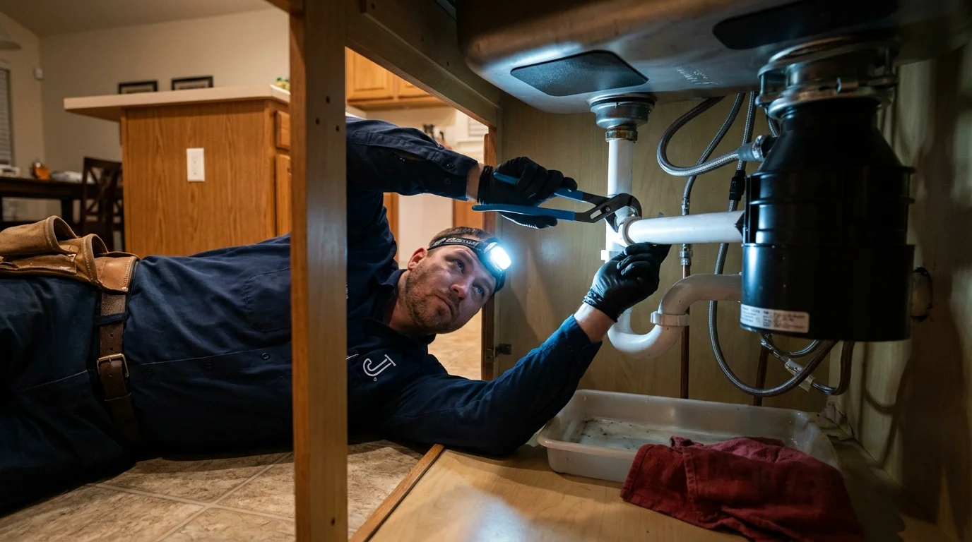 P-trap and supply line connections under a kitchen sink showing a common leak point in Macon, IL